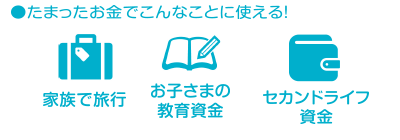 たまったお金でこんなことに使える！・家族で旅行・お子さまの教育資金・セカンドライフ資金