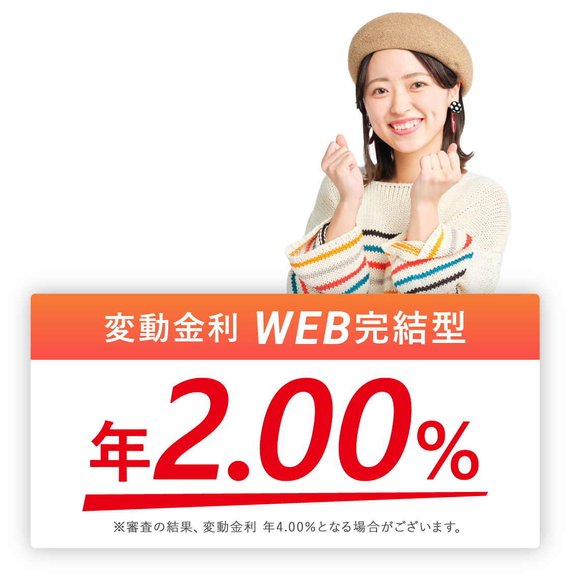 変動金利 WEB完結型 年1.6%、審査の結果変動金利が3.6%となる場合がございます。