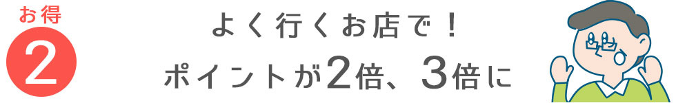 ②よく行くお店で！ポイントが2倍、3倍に