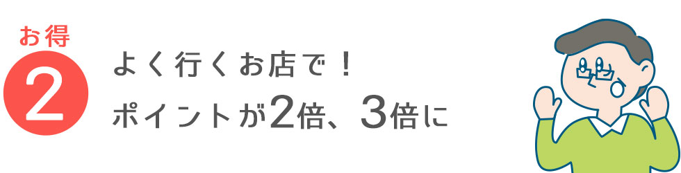 ②よく行くお店で！ポイントが2倍、3倍に